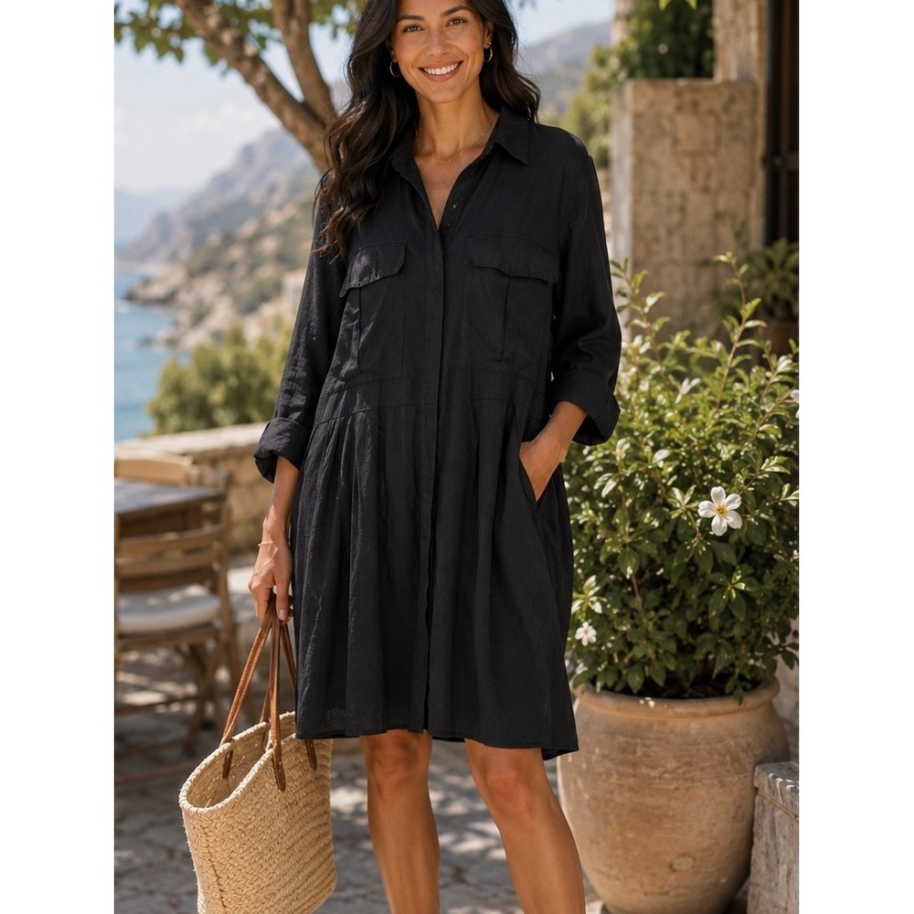 Banana Republic Linen Blend Shirt‎ Dress Women's XL Black Long Sleeve
